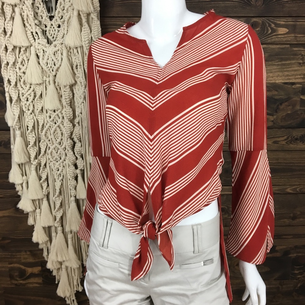 Fever |‎ Striped Tie Front High Low Blouse Top
